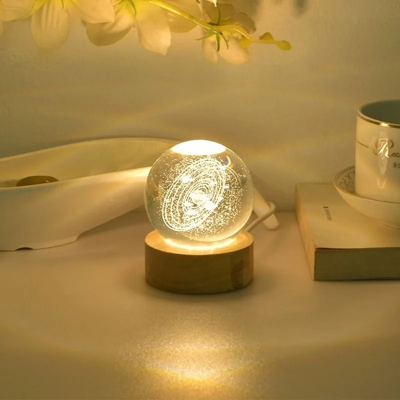 Crystal Ball Ornament 6cm 3D Crystal Planet Night Light Laser Engraved Solar System Globe