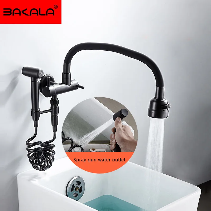 BAKALA Black color Single cold Wall Mounted Kitchen Faucet Wall Kitchen Mixers Kitchen Sink Tap 360Degree Swivel Flexible Hose