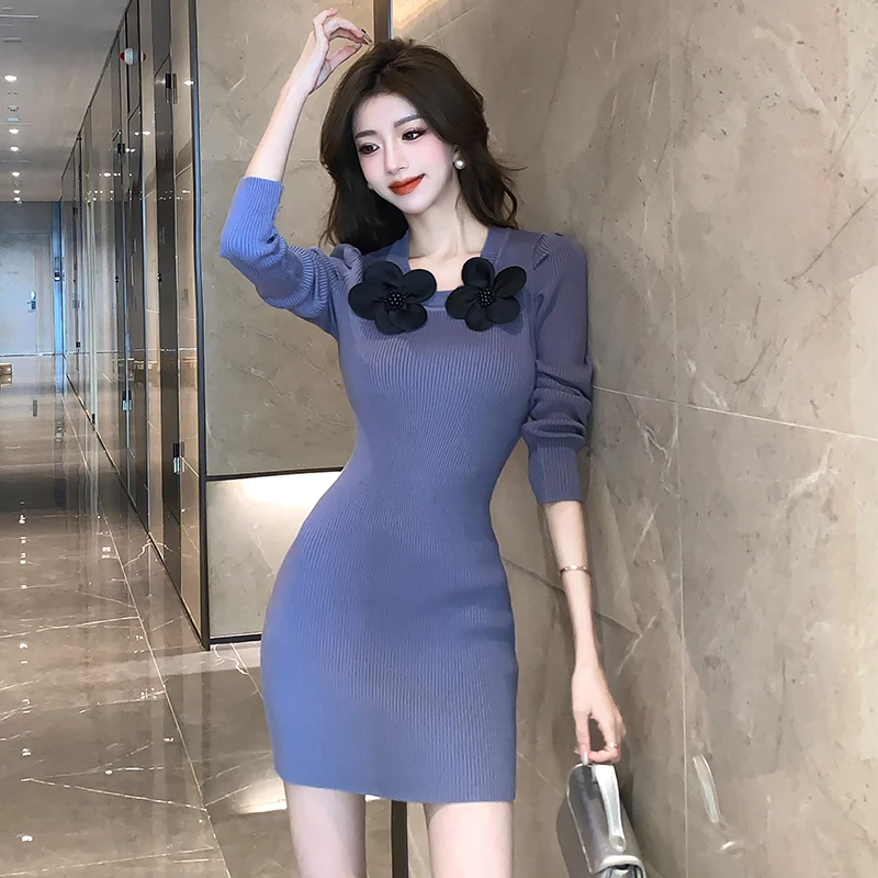 

New Autumn Elegant Square Collar Floral Long Sleeve Knit Mini Dress Girls Sheath Bodycon Basic Sweater Dresses Winter Above Knee
