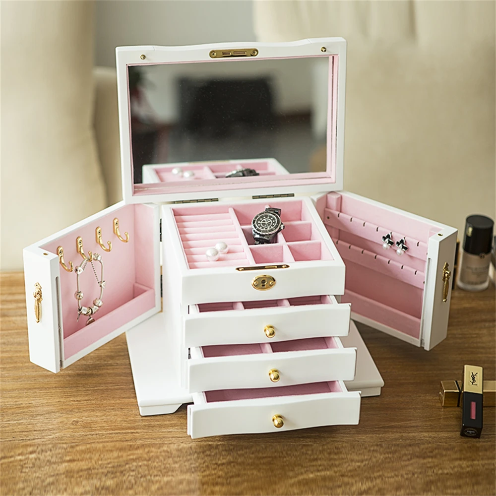 Wooden Jewelry Box Large Lockable Bracelet Earrings Necklace Ring Display Stand Women Accessories Jewelry Storage Box 2024