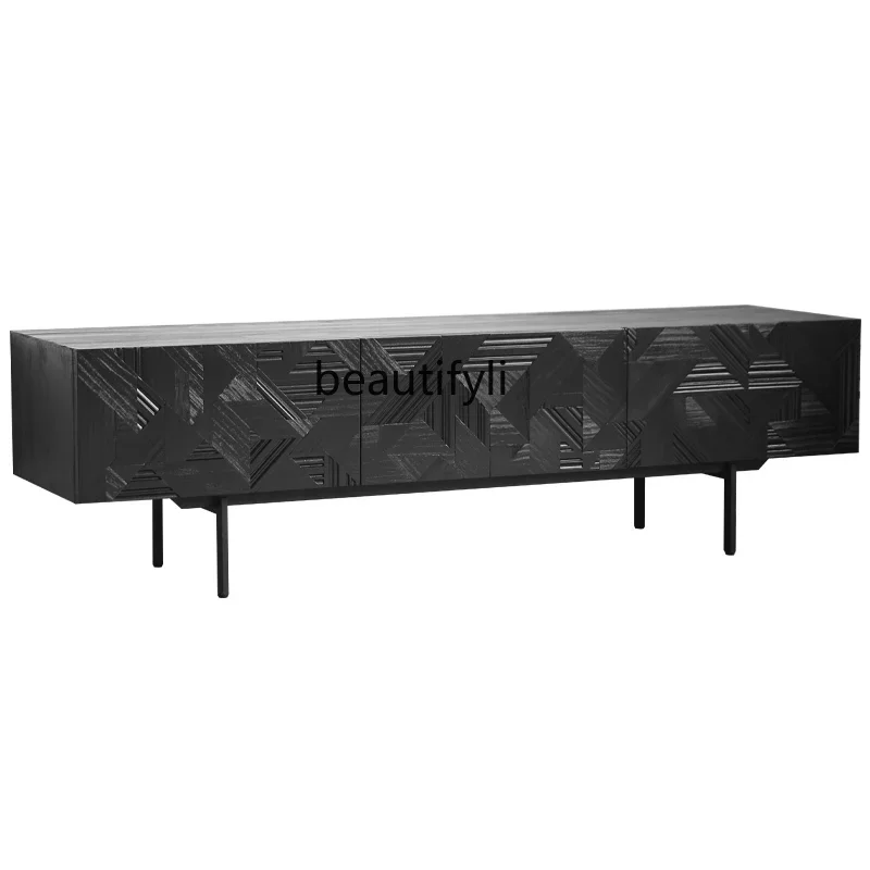 

Retro Log Simple Carved TV Cabinet Geometric Design Light Luxury Storage Solid Wood Film and Television Cabinet furniture