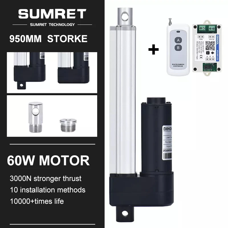 950mm Stroke Linear Actuator Kit Set Remote Control 433Mhz Switch 2CH