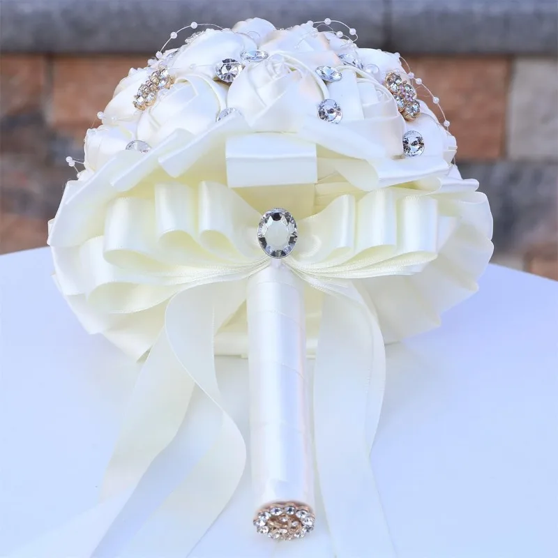 Luxury Artificial Rose Ribbon Flowers Pearls Beaded Bridal Bouquet Bridesmaid Wedding Bouquets Wedding Supplies Bridal Beaded