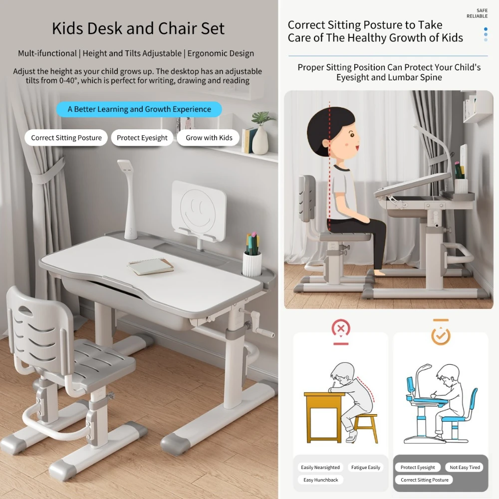 Kids Study Desk and Chair Set Height Adjustable, Children School