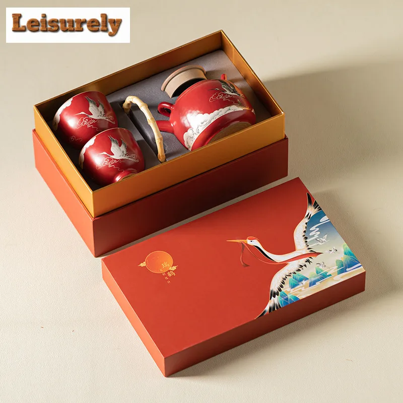 Forbidden City Red Auspicious Crane Tea Set Complete Set Tea Ceremony Set Teapot And Tea Cup Set Chinese Tea Set Craft Gift Box