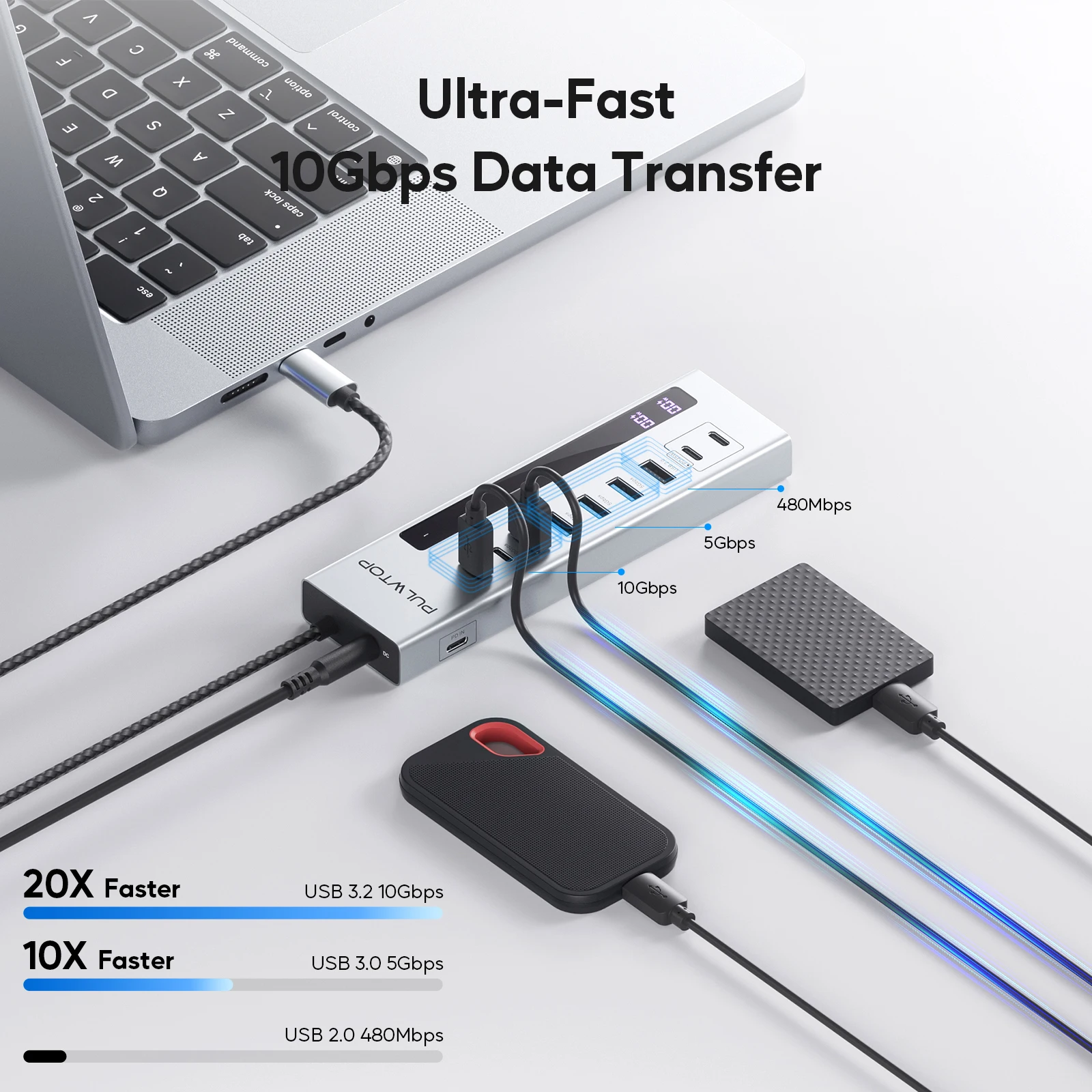 PULWTOP Powered USB C Hub,USB C Powered Hub with USB A/C 3.2 , 100W PD-in, 2 x 24/45W USB-C PD Charging Data Hub for PC Laptops 3