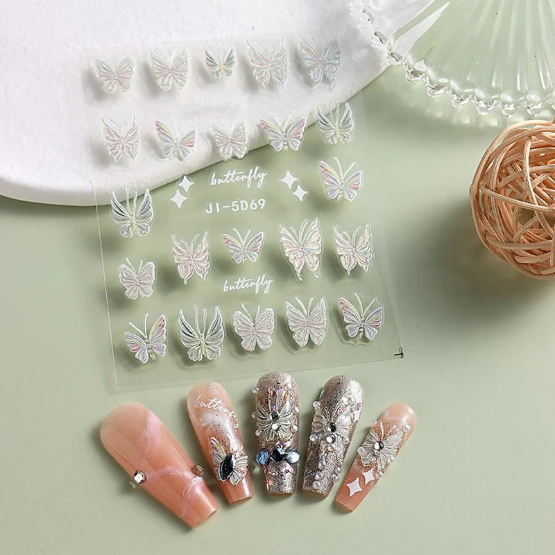 

3D акварельные наклейки для ногтей с изображением Авроры и бабочки, трехмерные рельефные наклейки для ногтевого дизайна, татуировки с милым котом, маникюрные наклейки