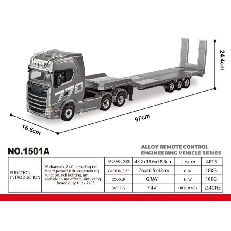 새로운 1/18 HUINA 1501A RC 트랙터 및 3축 세미 트레일러 19CH RTR 770S 2.4G 사운드 라이트 시스템 원격 조종 트럭 장난감 모델