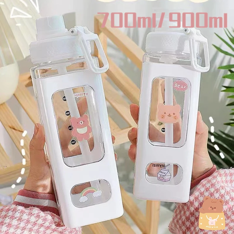 Cute Kids Water Bottles with Straw Cute Water Leak Proof Bottles Portable Leakproof Water Jug Plastic Fruit Juice Travel Water Bottle for Kids/Girl/