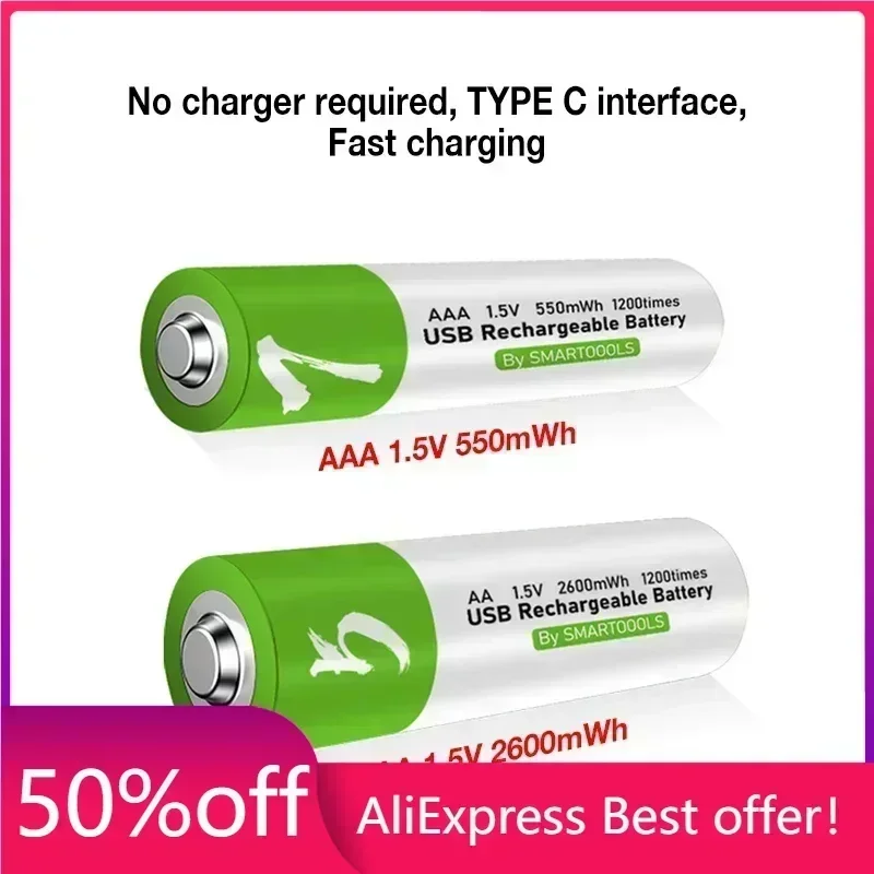 

Original AA AAA USB Rechargeable Batteries 1.5V 2600mWh Li-ion Battery For Remote Control Mouse Electric Toy Battery