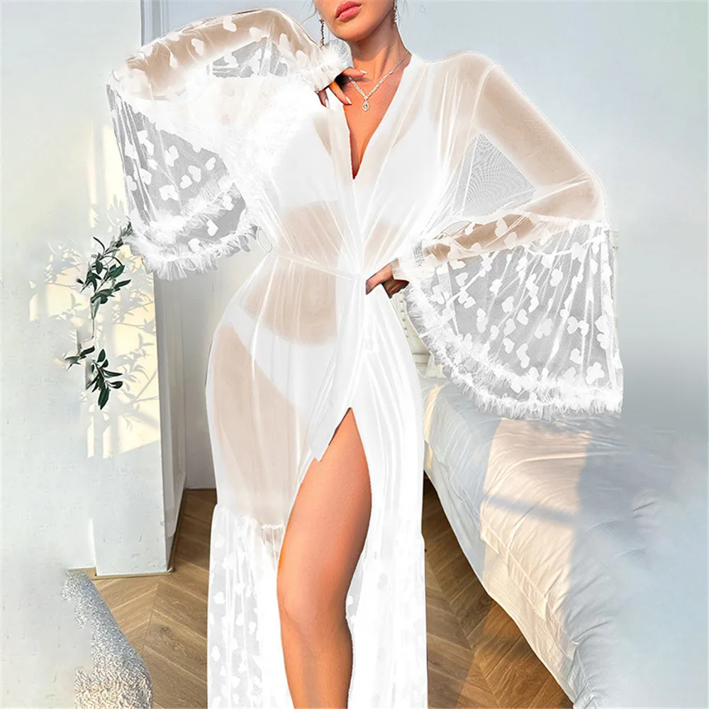 Sexy Transparent Mesh Robe Kimono Bathrobe Gown Nightgown Casual Women Nightwear Sleepwear