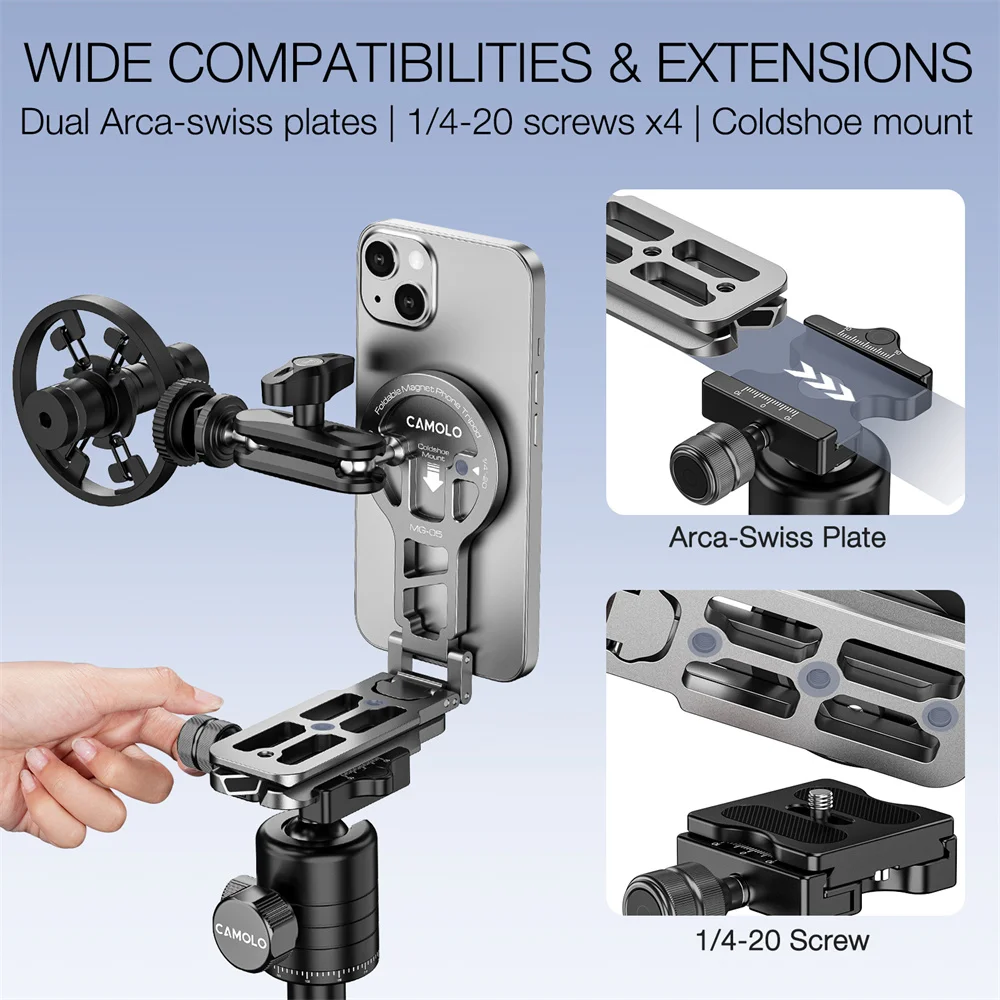 Aluminum Magnetic Selfie Stick phone tripod w Arca Plate 1/4-20 Cold Shoe Foldable Phone Tripod Mount for Magsafe Iphone 15 14 Samsung