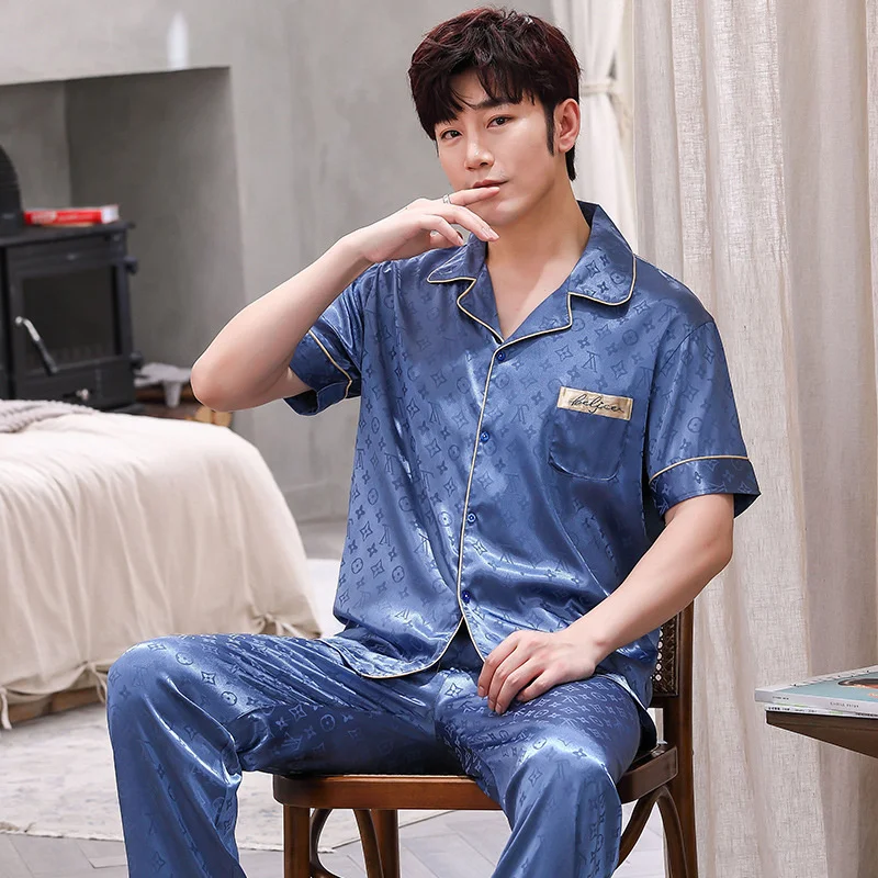 Ice Silk Pajamas Men's Summer Short Sleeve Youth Large Loose Home Clothes Shorts Two-piece Set