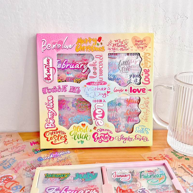 

MOHAMM 100 Sheets PVC Retro Plant English Stickers Box for Stationery Gift Set DIY Arts Crafts Journal Supplies