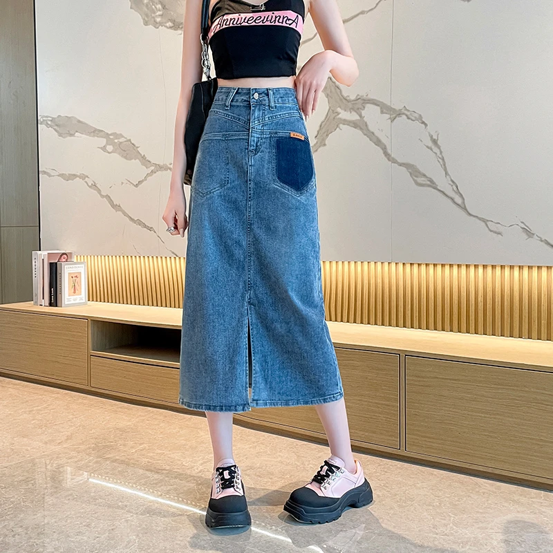 Real time high waisted stretch jeans for women's vintage blue 2023 Spring and Autumn New vintage mid length slim wrap hip skirt