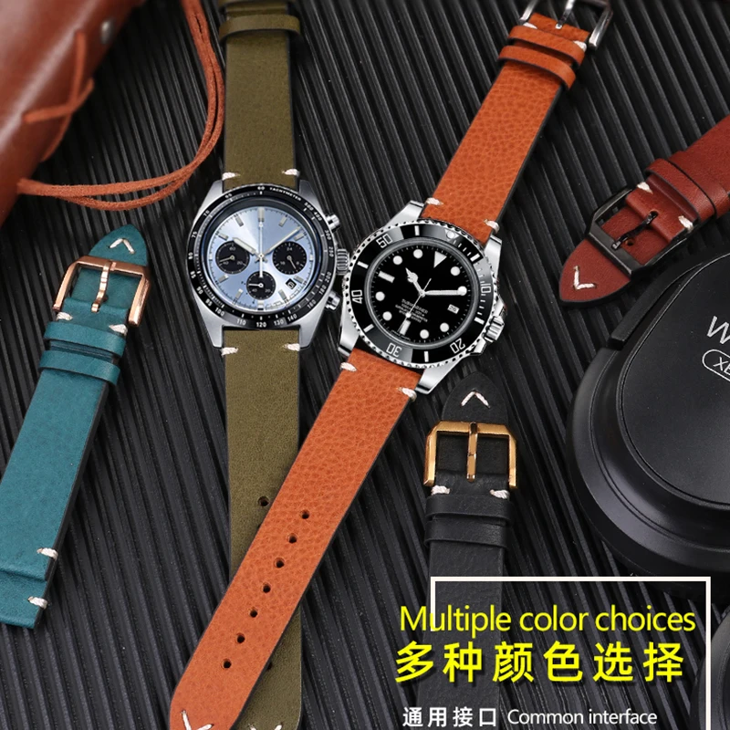 Cinturino Vintage In Pelle Bovina Italiana Per Catena Di Orologi Serie Seiko Prospezione Ssc909P1 Tudor Omega Bracciale Con Cinturino Blu Marrone 20Mm