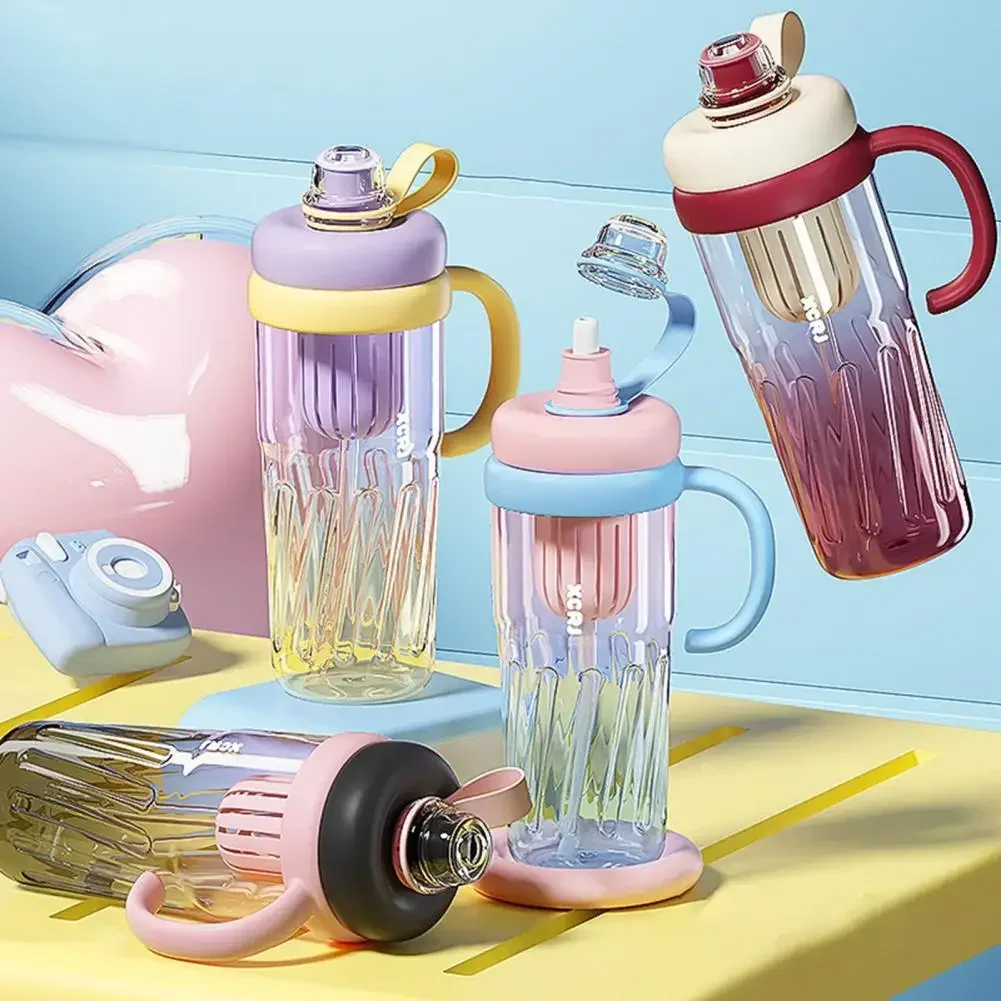 New Summer Plastic Cup Large Capacity Plastic Straw Drink Coffee Cup Gradient Color  Bottle with Time Marker Fitness Water Cups