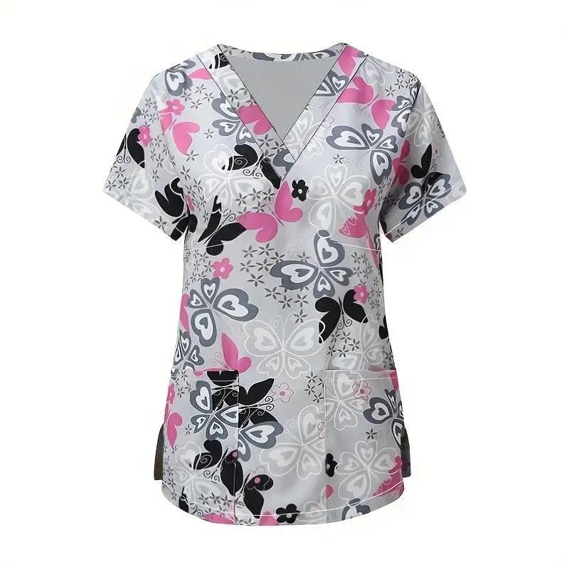 Damen-Krankenhausuniform, eleganter Schmetterlingsdruck, Geburtshilfe, Stilloberteil, V-Ausschnitt, Mikro-Stretch, kurzärmelige T-Shirts, medizinische Kleidung – Detail 7
