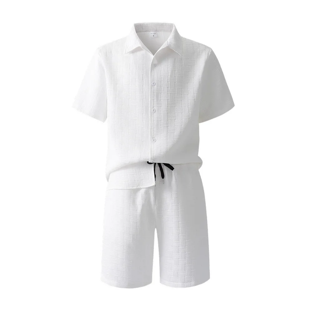 Herren Neues Freizeit-2-Teiler-Set: Einfarbiges Jacquard-Hemd mit Revers und Kurzarm, Shorts mit Kordelzug – Sommer-Outdoor-Reiseanzüge – Detail 14