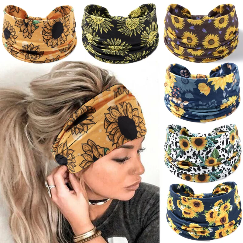 Boho Headbands Sunflower Wide Hair Bands Turban Head Wraps Stretch Yoga Head Band African Workout Head Scarf Sports Sweatbands african printed twist headband women s sports elastic headwrap hair scarf wide stretch hair band bandanas hair accessories