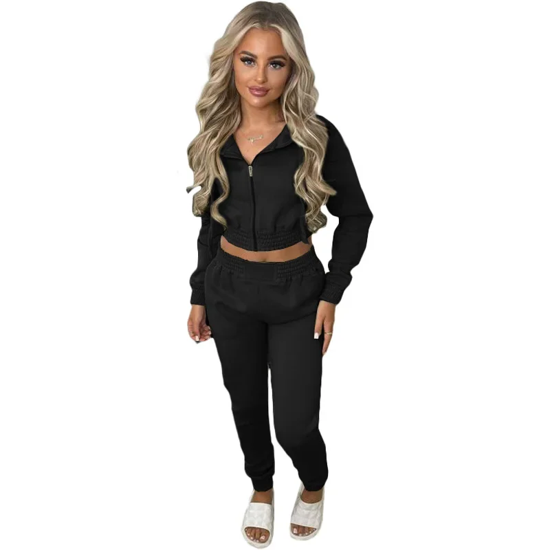European and American women's new fashion plush sweater with a hooded sports casual set two piece sets womens outifits