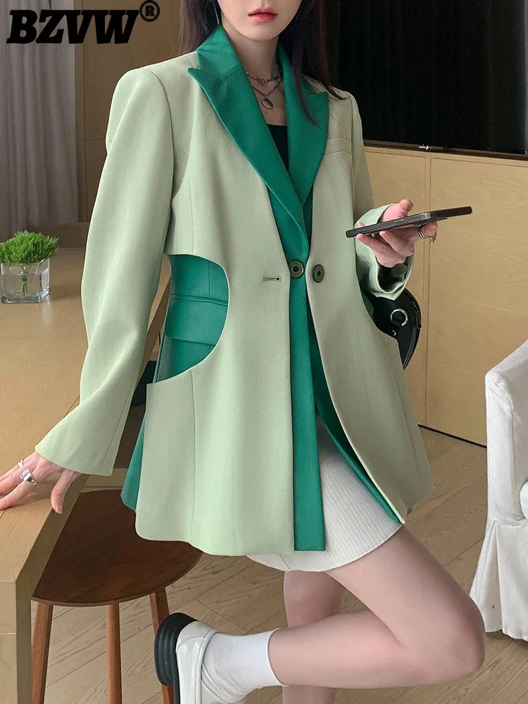 

BZVW PU Leather Spliced Hollow Out Designer Blazer For Women's Coat 2023 Fake Two Piece Spring Autumn Fashion Suit Jacket Female