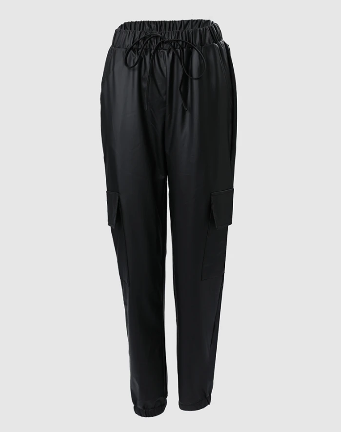 Women's Pants 2024 Spring Elastic Waist Pu Leather Cuffed Pants Daily Casual Pocket Design Drawstring Leather Pants
