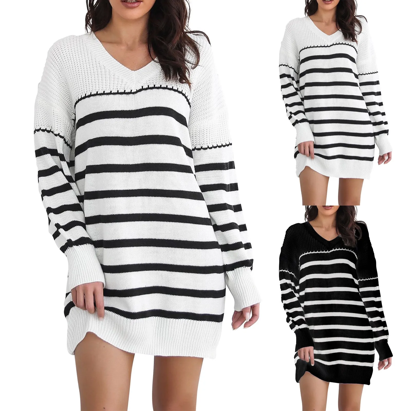 

Autumn Winter Dress New Women'S Striped V-Neck Shoulder Drop Long Sleeve Sweater Dress Casual Loose Knitted Dress Vestidos