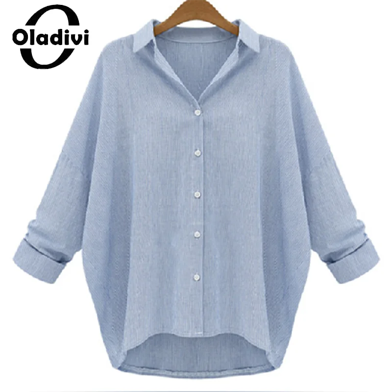 

Oladivi Модные женские повседневные свободные полосатые блузки большого размера на весну и осень, женские большие Топы, туники, блузы 6071