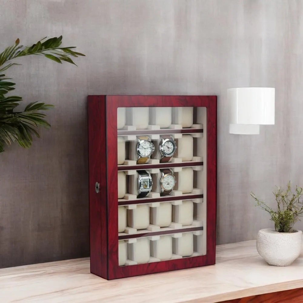 20 piece cherry wood watch display wall hanging case and storage organizer box and stand for oversized watches