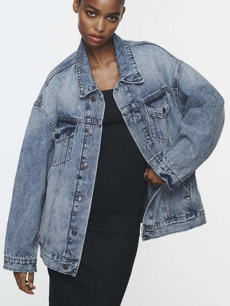 

2023 Autumn New Women's Clothes High Quality Versatile Lapel Loose Flap Patch Pocket Denim Jacket Jacket