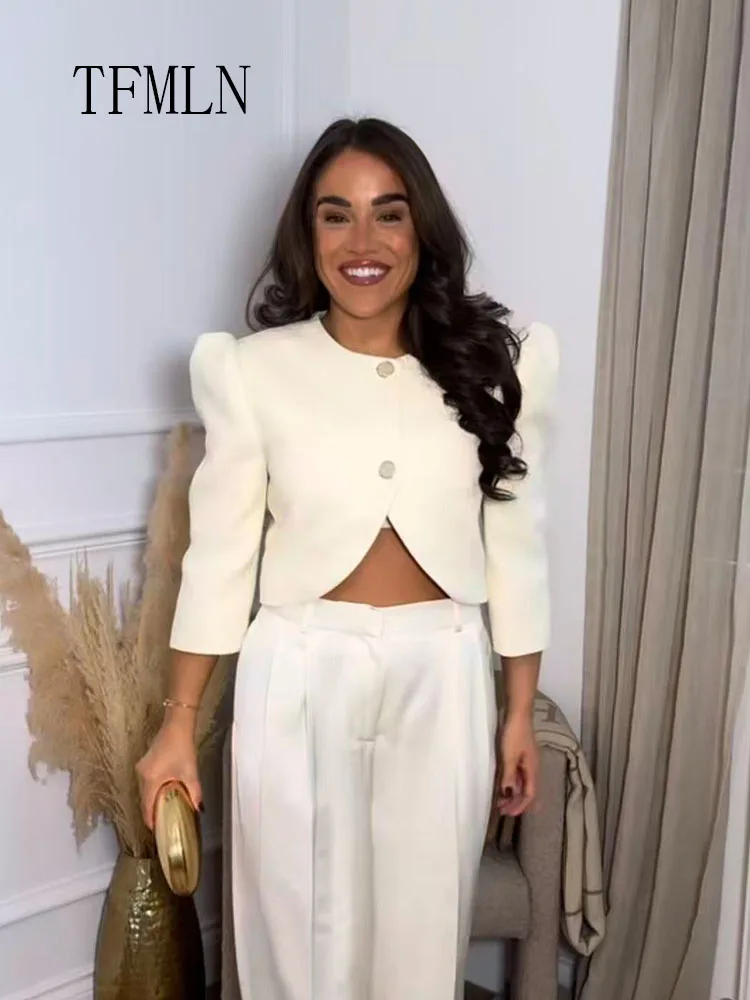 Fashion Women Puffy Sleeve Blazer Jackets 2026 Spring Chic Causal Single Breasted Cropped Coats Elegant Office Lady Outwear