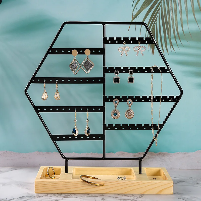 Metal Ear Studs with Wooden Base Earrings Organizer Pendant Necklace Display Stand Jewelry Holder Bracelet Presenting Rack rotating jewelry storage box makeup organizer storage rack bracelet earrings watch plastic storage box display rack with cover