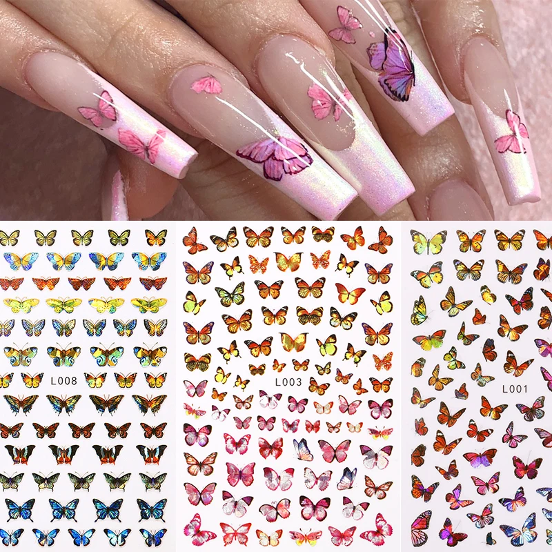 3D Nail Stickers Colorful Blue Butterfly Self-Adhesive Slider Spring Wraps Nail Art Decorations Decals Manicure Accessories 1PC nail stickers nail art decoration nail decals