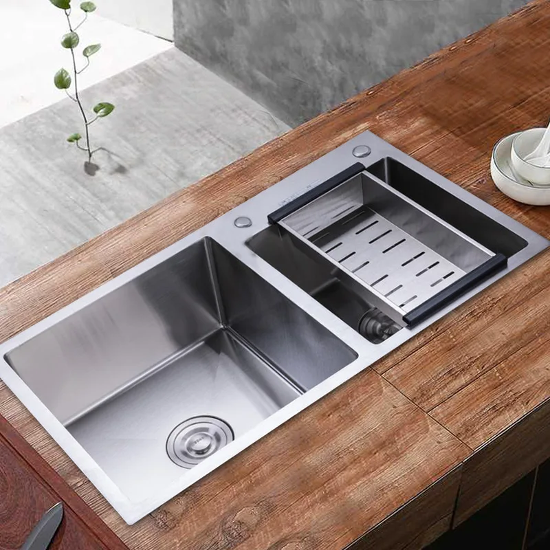 Stainless Steel Double Sink Wash Dishes With Drainer Deep Hidden Sink Bathroom Kitchen Accessories kitchen sink,bathroom sink