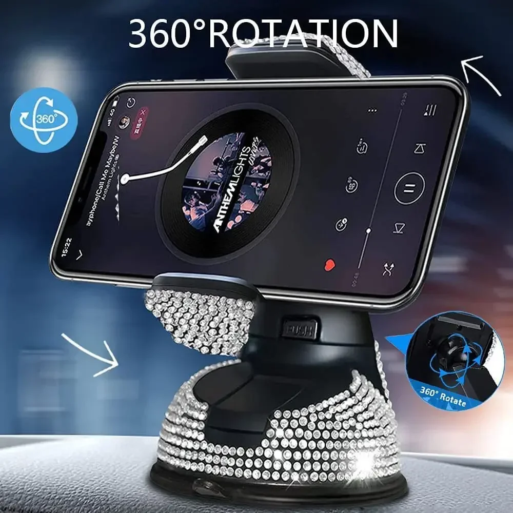 Luxury Car Phone Holder With Black Base And Pink And White Diamonds Elegant And Stylish Accessory Car Interior Accessories