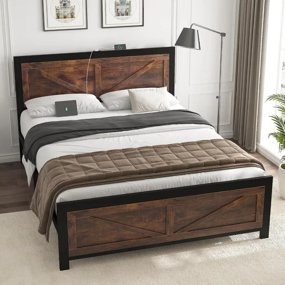 Led Bed Frame Queen/Full/King Size with Charging Station, Industrial Platform Bed Frame with Rustic Barn Door Wood Headboard 6