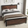 Led Bed Frame Queen/Full/King Size with Charging Station, Industrial Platform Bed Frame with Rustic Barn Door Wood Headboard 6