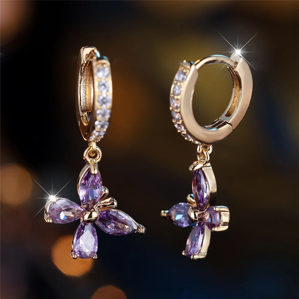 Trendy Crystal Purple Zircon Stone Cute Butterfly Hoop Earrings For Women Vintage Gold Color Wedding Jewelry