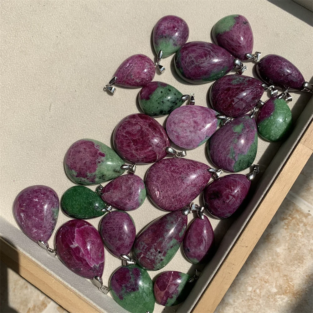 Natural Zoisite Pendants for Women Green Fuchsite Red Ruby Necklaces Fashion Jewelry Water Drop Healing Beads 925 Silver Stones