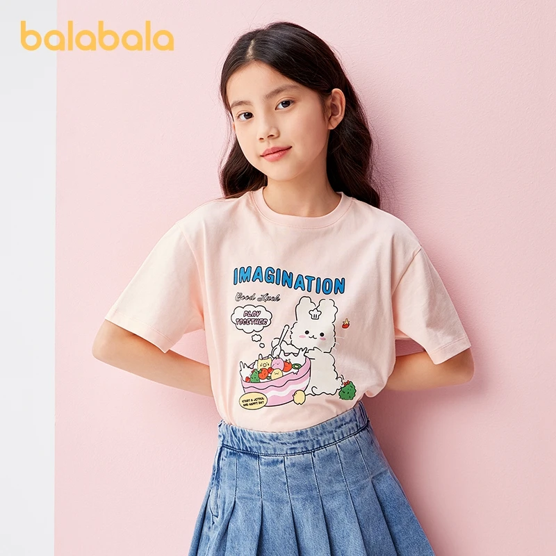 

Balabala T-shirt Girls Short Sleeve T-shirt 2024 Summer New Outfit for Big Kids Sweet and Cute Cartoon Printed Cotton Top