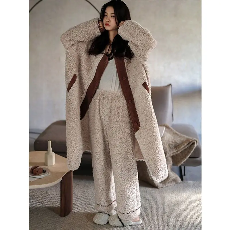 

Coral Velvet Loungewear Women Fall Winter Thickened Warm Lambswool Pajamas Set Long Robe and Pants Simple Kawaiii Sleepwear Suit