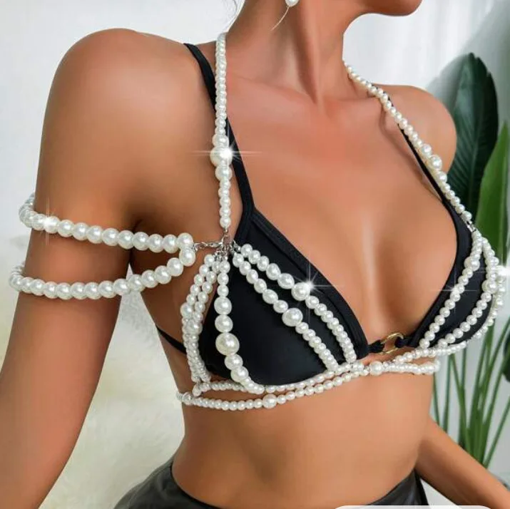 

Y2k 빈티지 Fashion Beaded Shoulder Jewelry Pearl Clothing Body Chain Multi-layer Tassel Top Bra Woven Bead Body Chains for Women