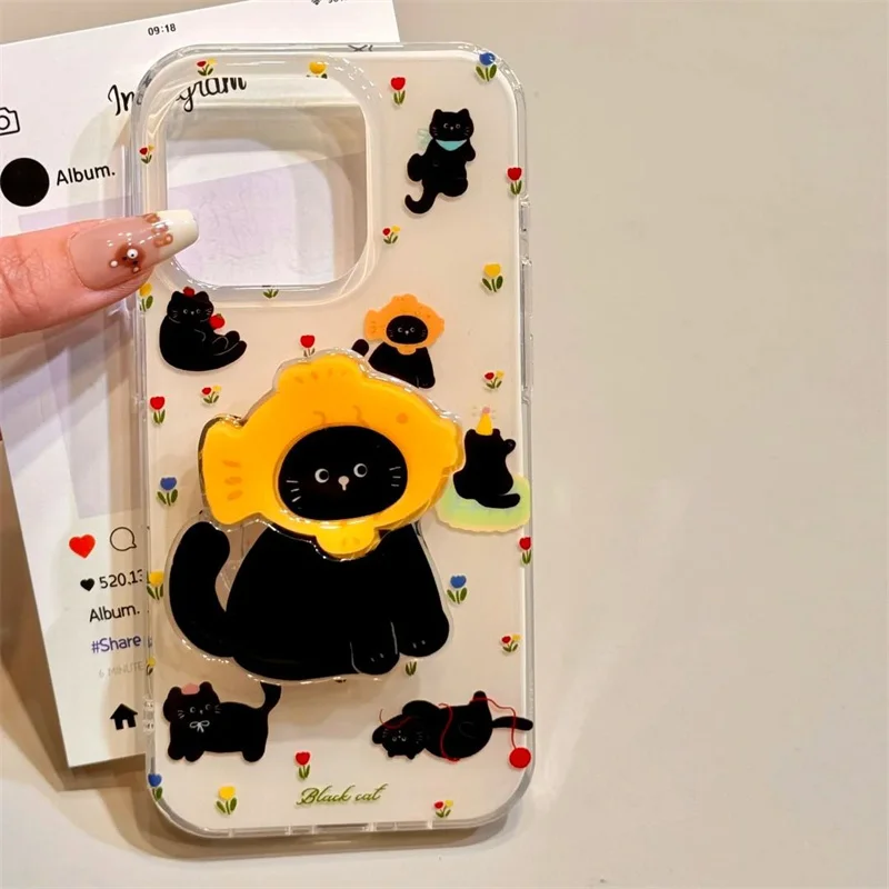 Chic Double-Layer Black Cat Phone Case with Kitten Holder