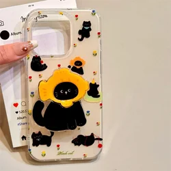 Chic Double - Layer Black Cat Phone Case with Kitten Holder for iPhone 15 (SMT2657 Color)