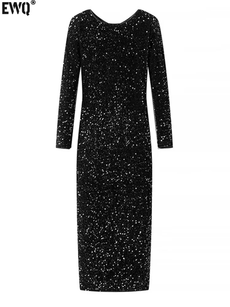 

[EWQ] Luxury Women's Fashion O Neck Bow Patchwork Long Sleeve Open Back Velvet Sequined Black Dress 2024 Spring Autumn 16U7414