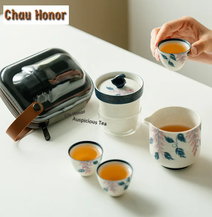 Hand-painted Wisteria Flower Travel Tea Set Kit Luxury 1 Pot 3 Cups Tea Brewing Organizer Portable Picnic Handbag Supplies Gift