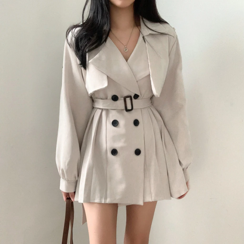 Gabardina elegante y plisada de estilo coreano para mujer, vestido con cinturón, cuello vuelto, doble botonadura, liso, para otoño