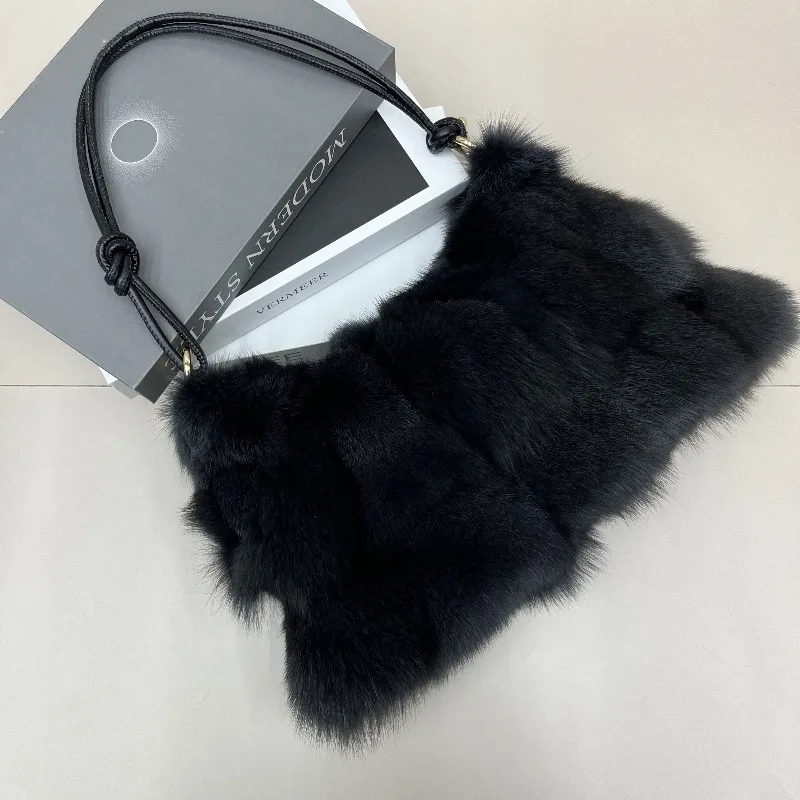 Red Fox Fur Handbag Women Single Shoulder Crossbody Bags Lady Clutch Bag Real Fur Tote Bag Winter Ladies Warm Shoulder Bags
