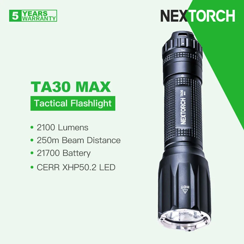Torcia Tattica Nextorch Ta30 Max, Stroboscopica In Un Solo Passaggio, 2100 Lumen Con Batteria 21700, Design Per Intuitivo E Centrato Sull'Impulso